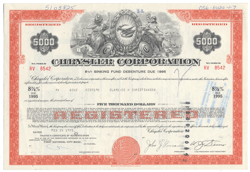 Chrysler Corporation stock certificate with detailed design