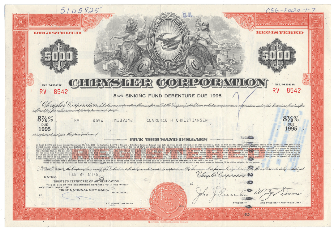 Chrysler Corporation stock certificate with detailed design