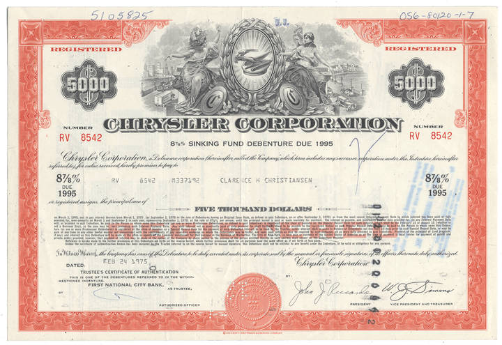 Chrysler Corporation stock certificate with detailed design
