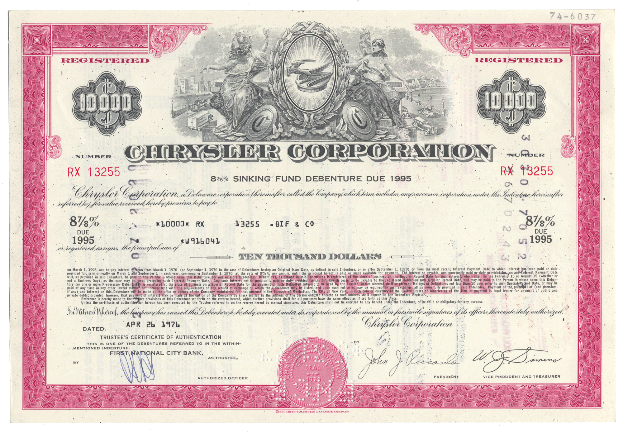 Vintage Chrysler Corporation bond certificate with pink border and detailed design.