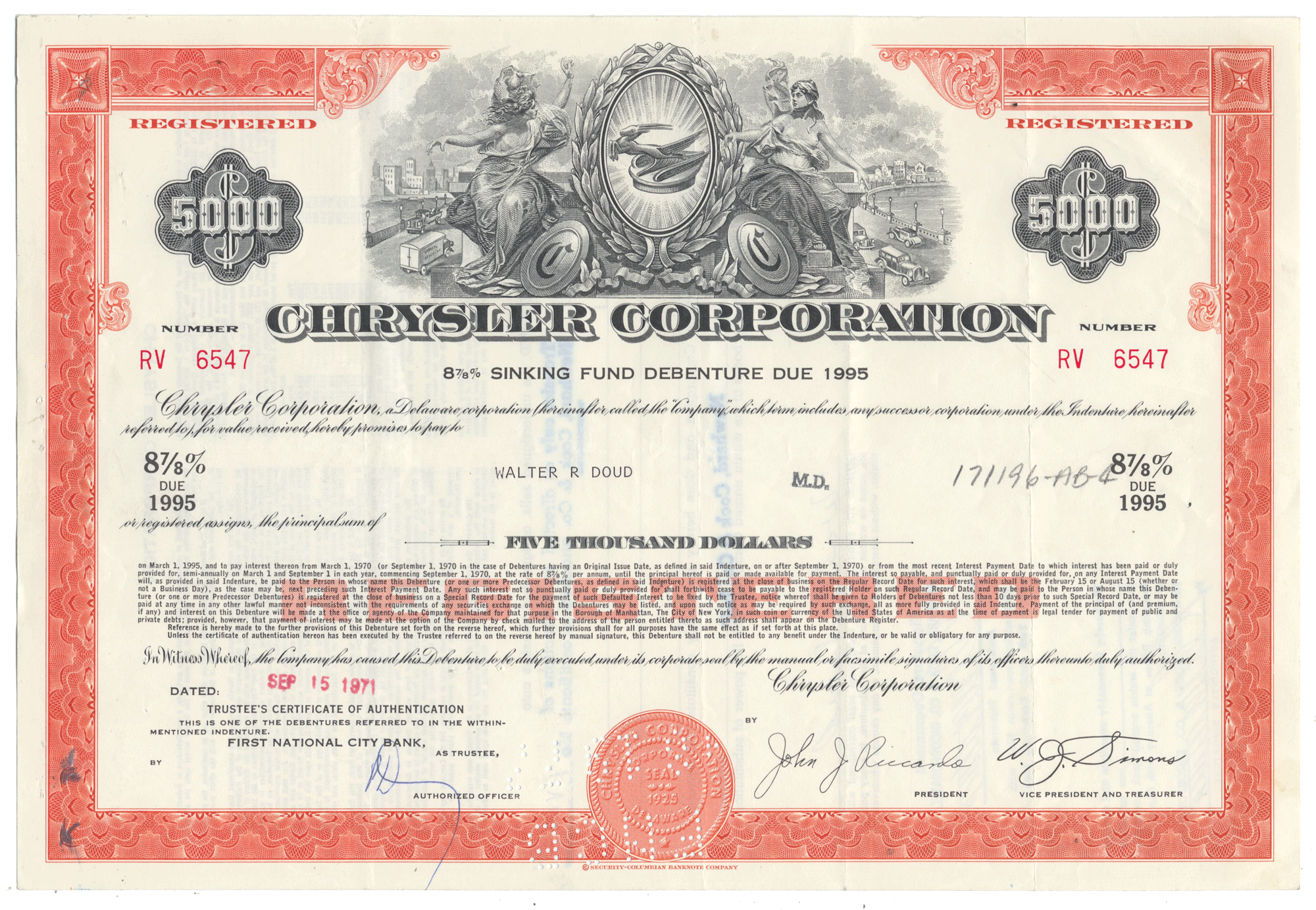 A vintage Chrysler Corporation bond certificate from 1971