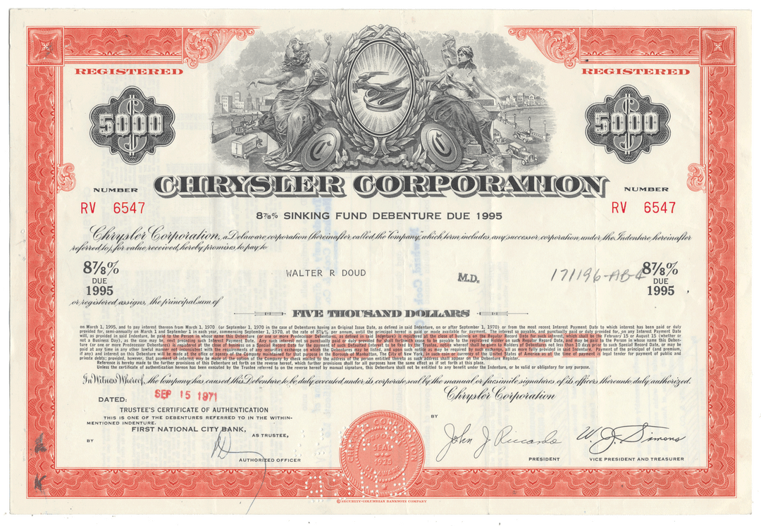 A vintage Chrysler Corporation bond certificate from 1971