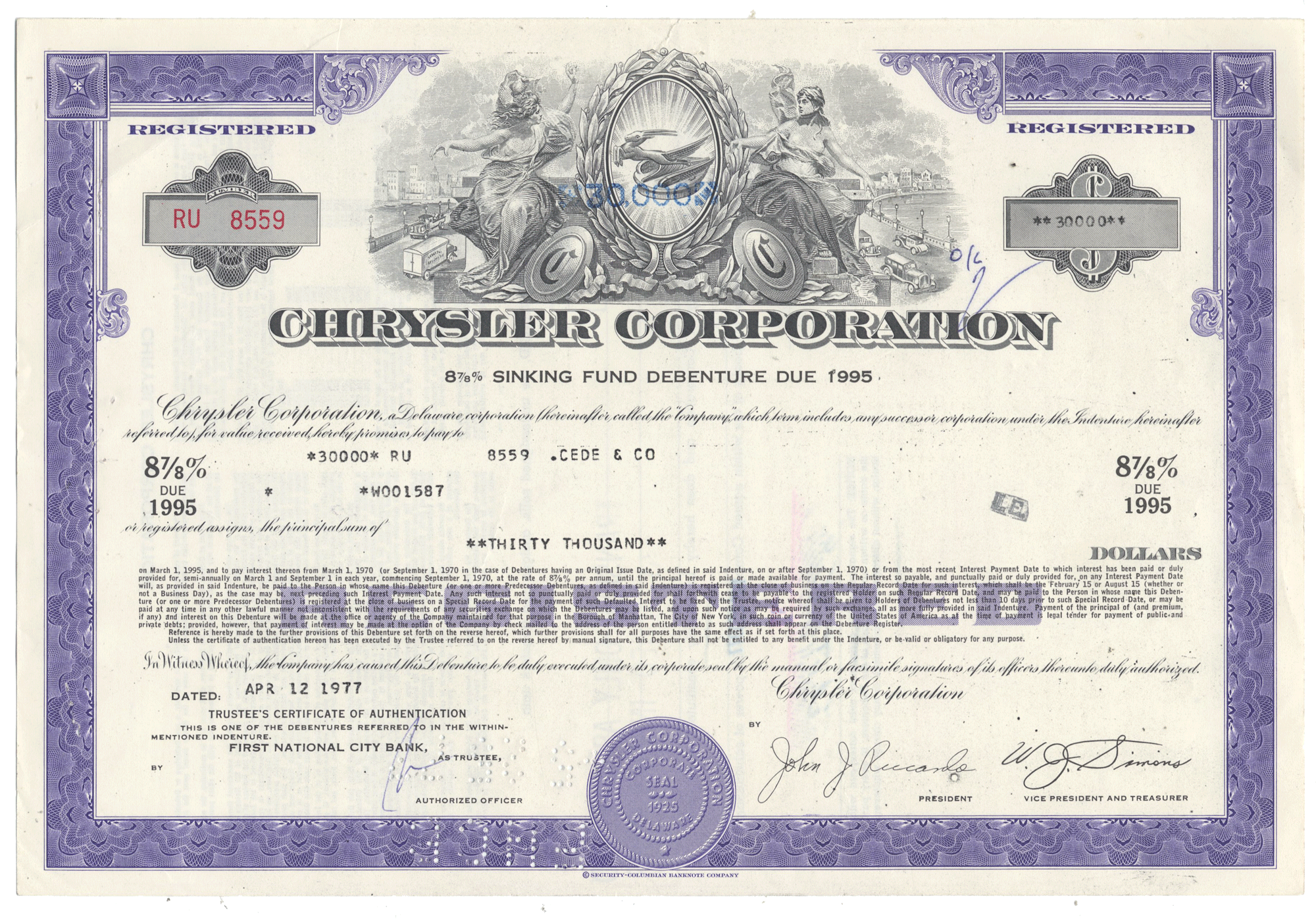 Chrysler Corporation bond certificate from 1977 with detailed text and design elements.