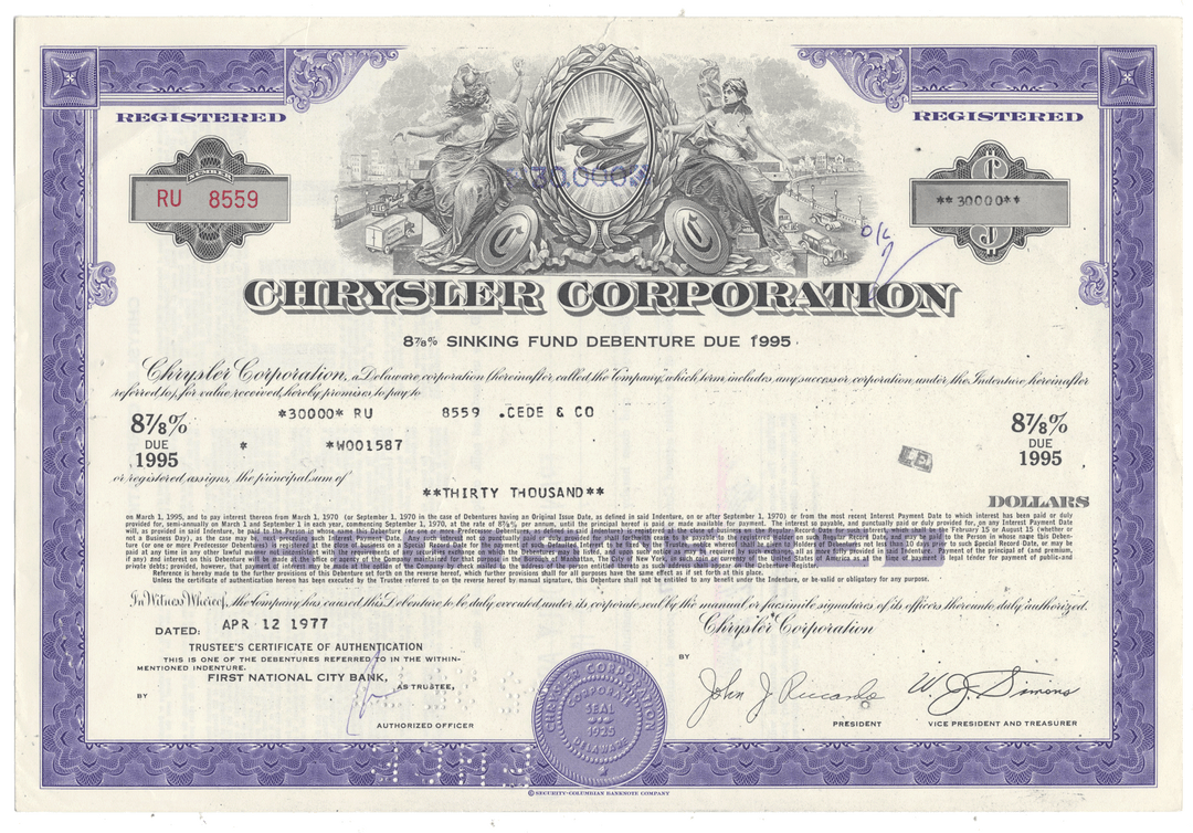 Chrysler Corporation bond certificate from 1977 with detailed text and design elements.
