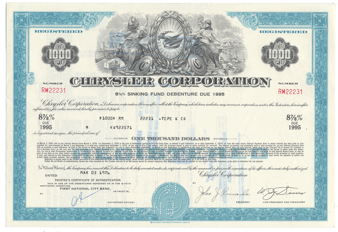 Chrysler Corporation bond certificate from 1976