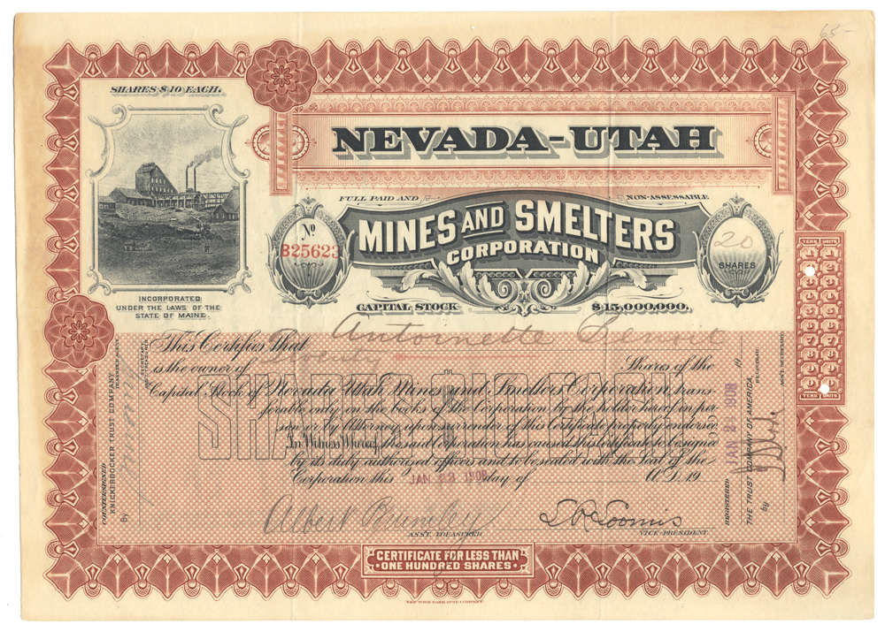 Nevada-Utah Mines and Smelters Corporation stock certificate with decorative border and text.