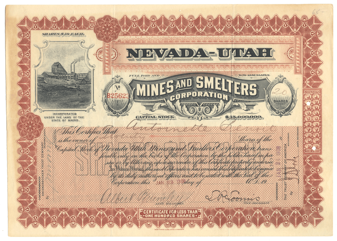 Nevada-Utah Mines and Smelters Corporation stock certificate with decorative border and text.