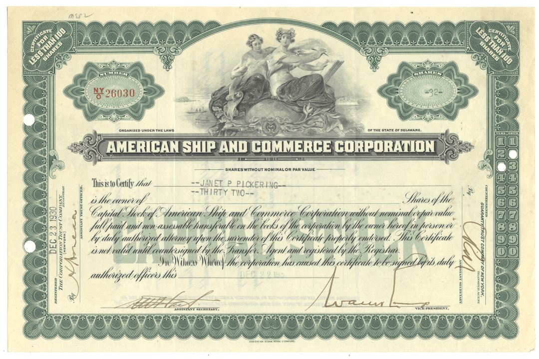 Share certificate of American Ship and Commerce Corporation with decorative border and text from 1930
