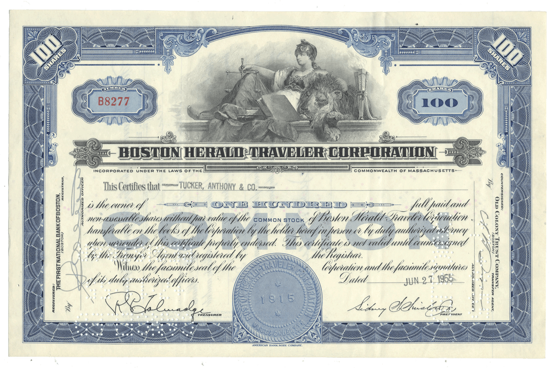 Stock certificate of the Boston Herald Traveler Corporation with blue and white design from 1955