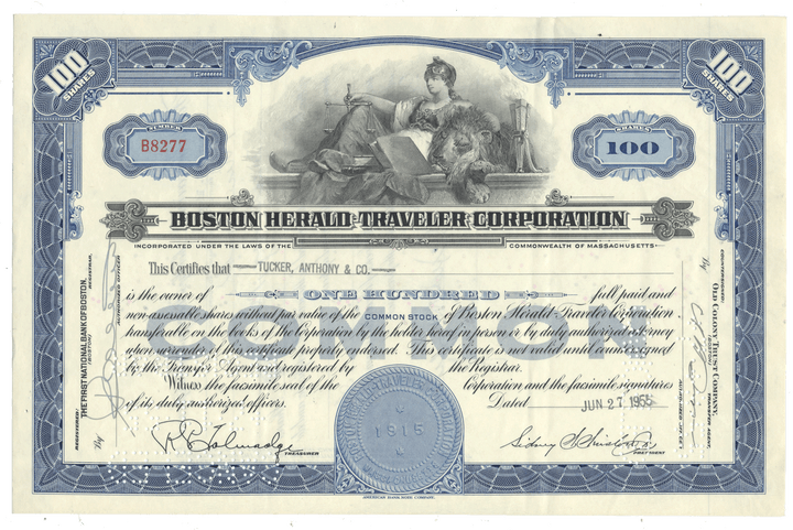 Stock certificate of the Boston Herald Traveler Corporation with blue and white design from 1955