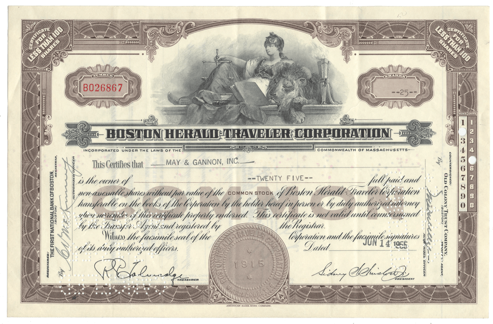 Vintage stock certificate for Boston Herald Traveler Corporation with decorative elements and text.