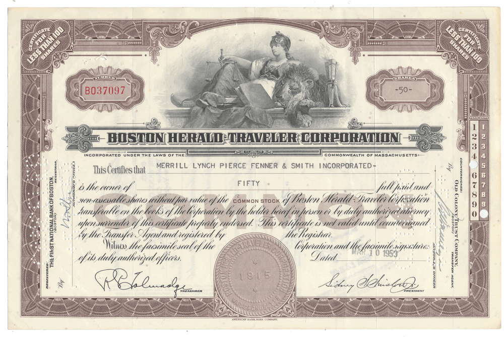 Stock certificate of the Boston Herald Traveler Corporation with decorative elements and text from 1959
