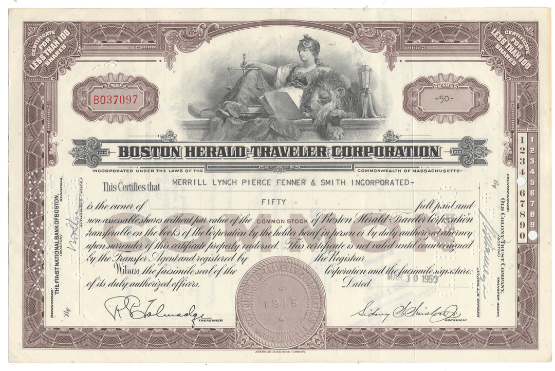 Stock certificate of the Boston Herald Traveler Corporation with decorative elements and text from 1959