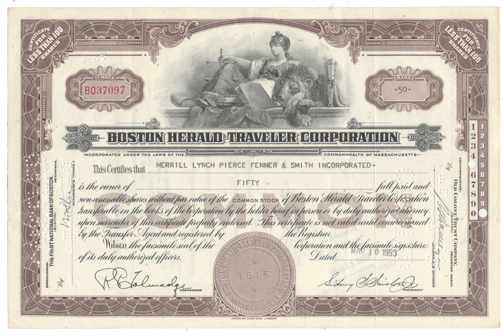 Stock certificate of the Boston Herald Traveler Corporation with decorative elements and text from 1959