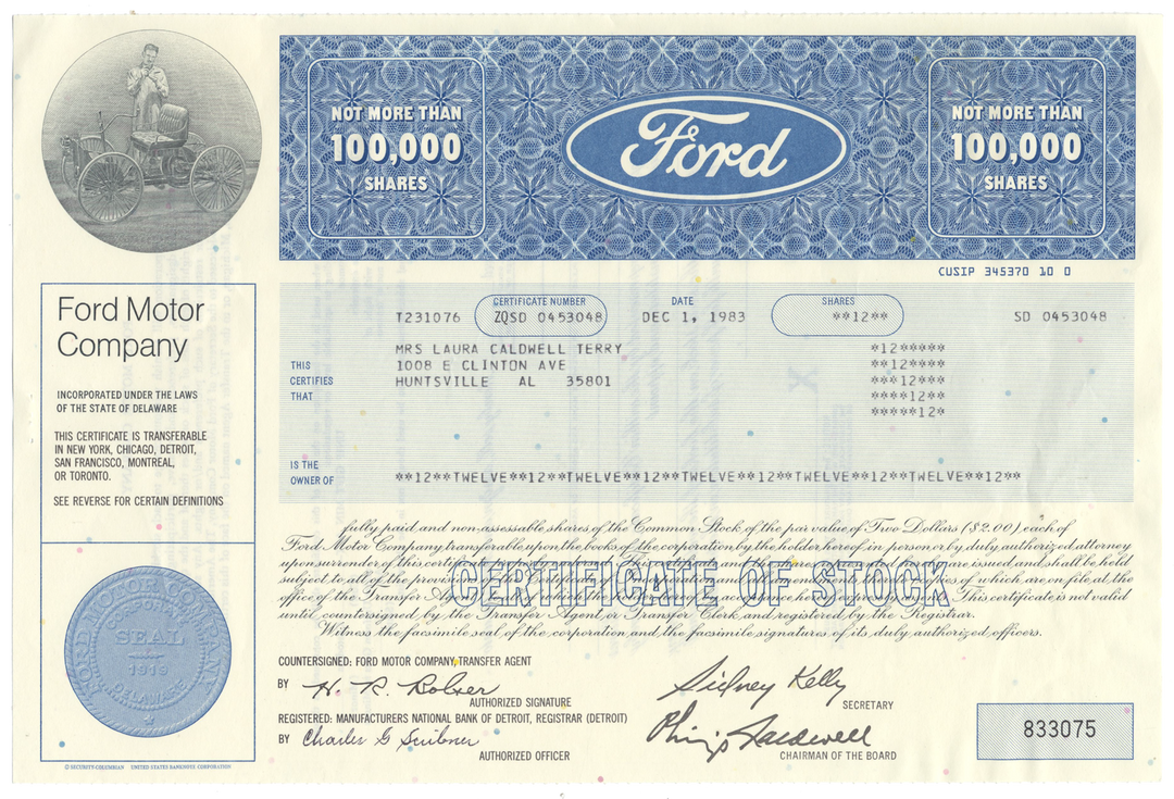 Ford Motor Company Stock Certificate