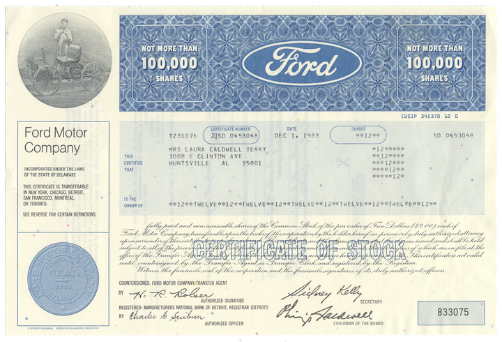 Ford Motor Company Stock Certificate