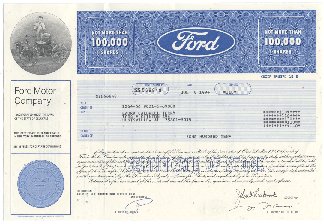 Ford Motor Company Stock Certificate