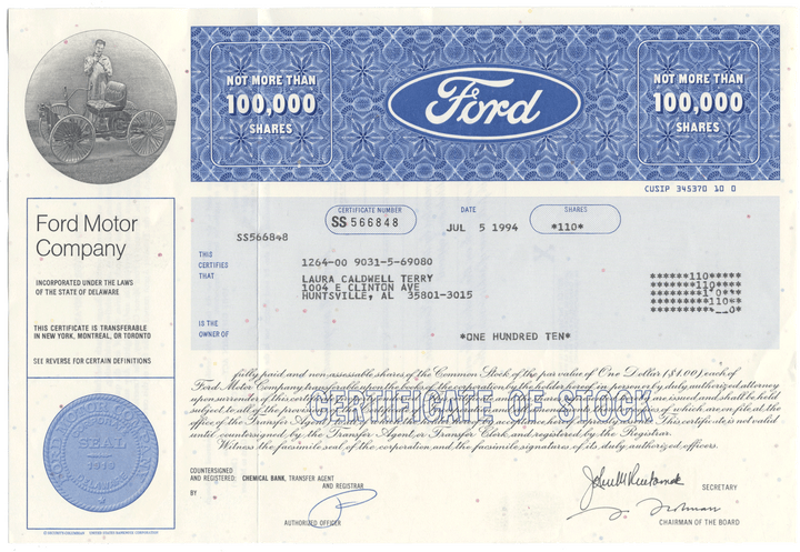 Ford Motor Company Stock Certificate