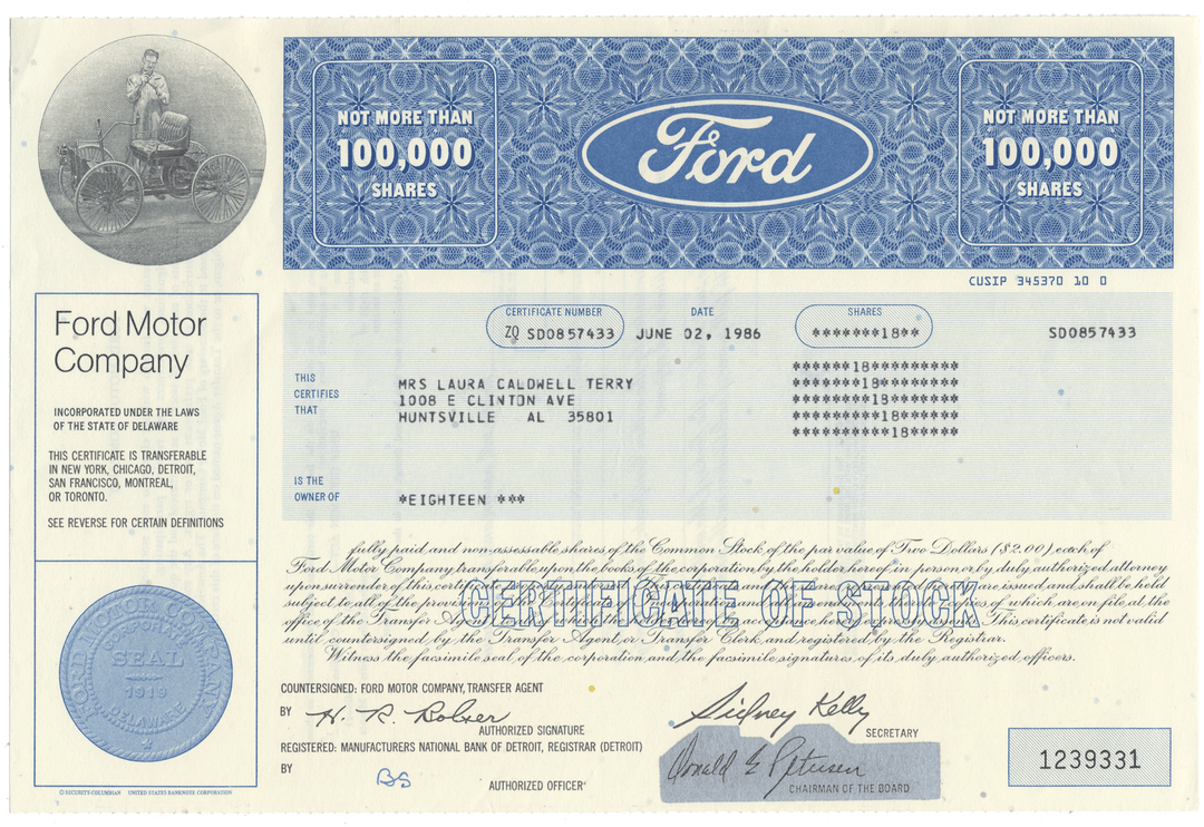Ford Motor Company Stock Certificate