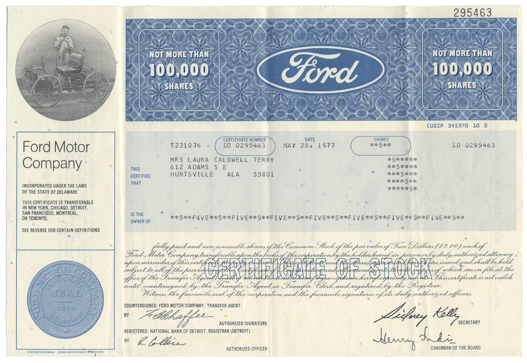 Ford Motor Company stock certificate with decorative elements and branding.
