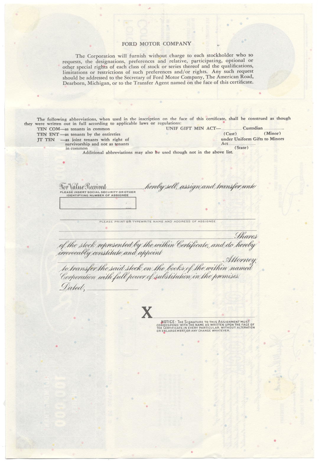 Ford Motor Company Stock Certificate