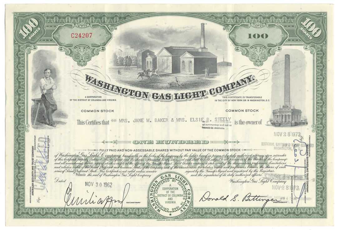 Historical stock certificate for the Washington Gas Light Company from 1962