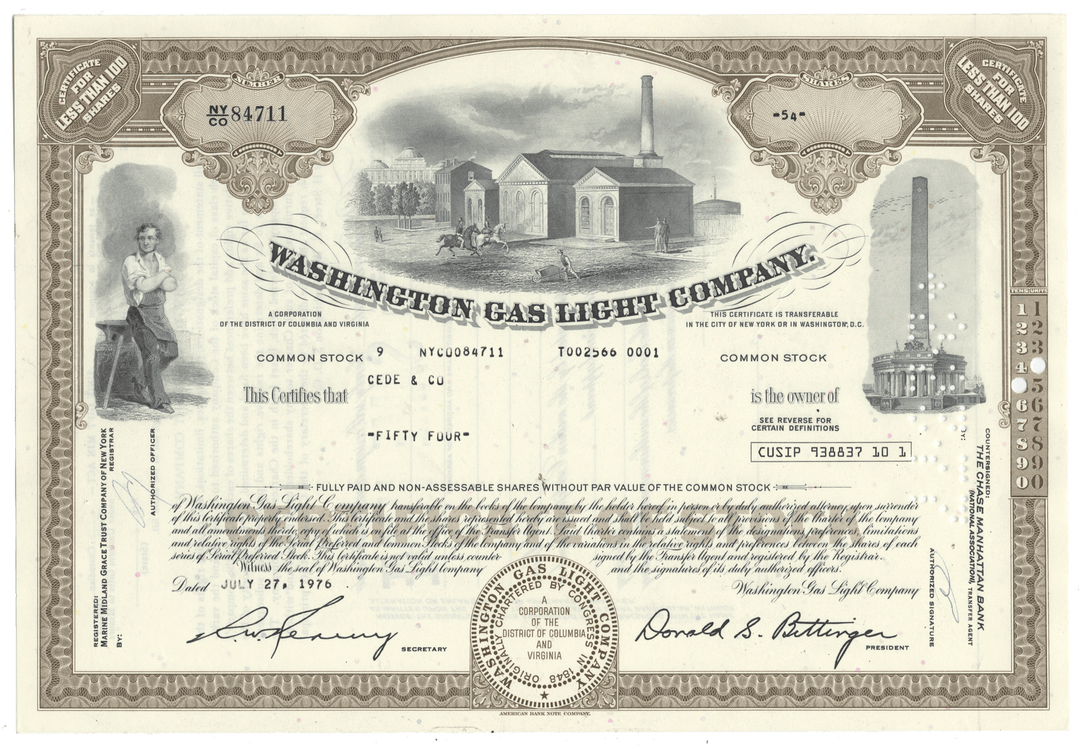 Historical stock certificate for the Washington Gas Light Company with illustrations and text.