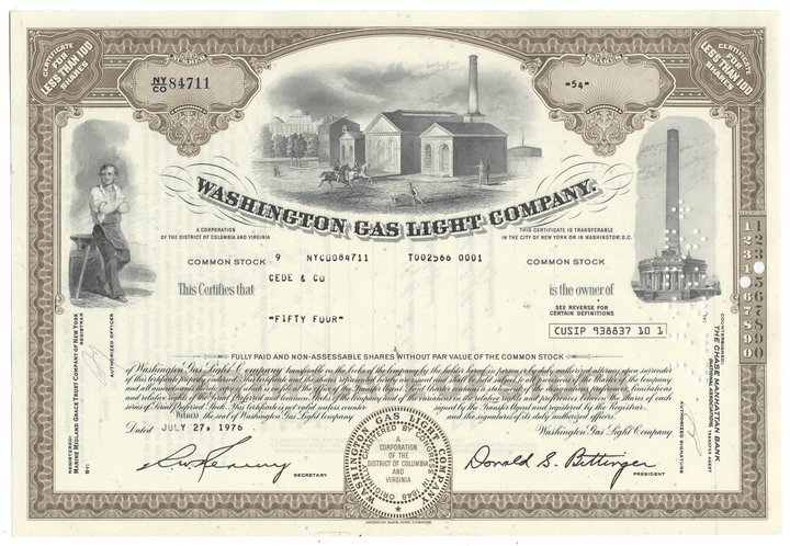 Historical stock certificate for the Washington Gas Light Company with illustrations and text.