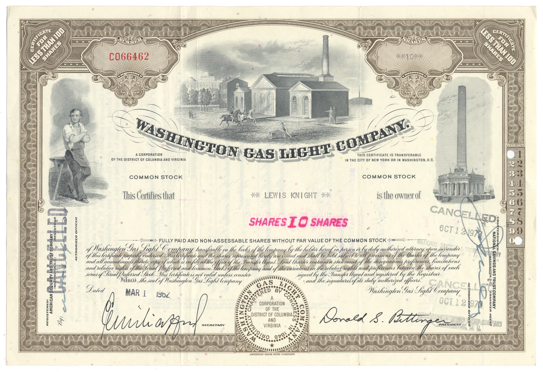 Washington Gas Light Company Stock Certificate