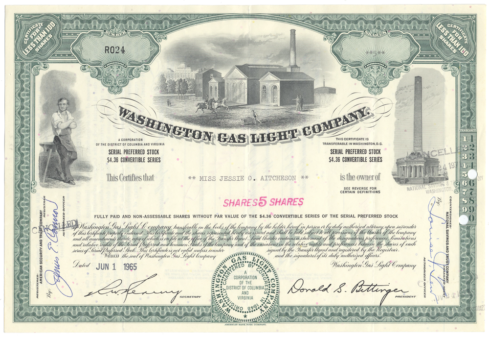 Washington Gas Light Company Stock Certificate