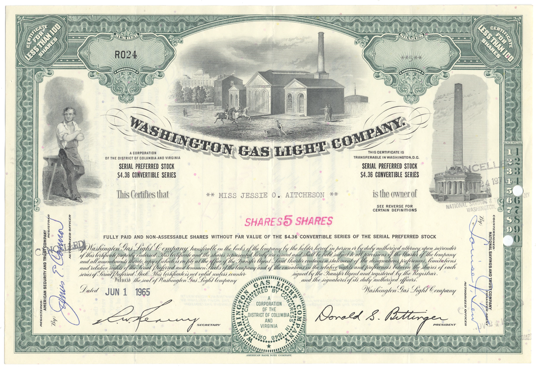 Washington Gas Light Company Stock Certificate