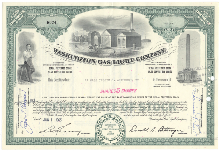 Washington Gas Light Company Stock Certificate