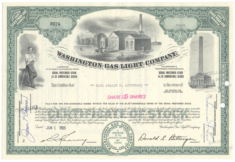 Washington Gas Light Company Stock Certificate