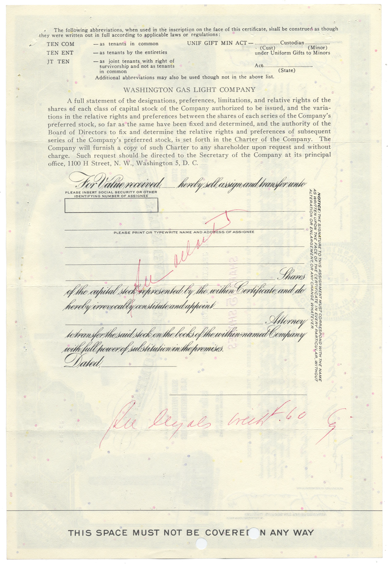 Washington Gas Light Company Stock Certificate
