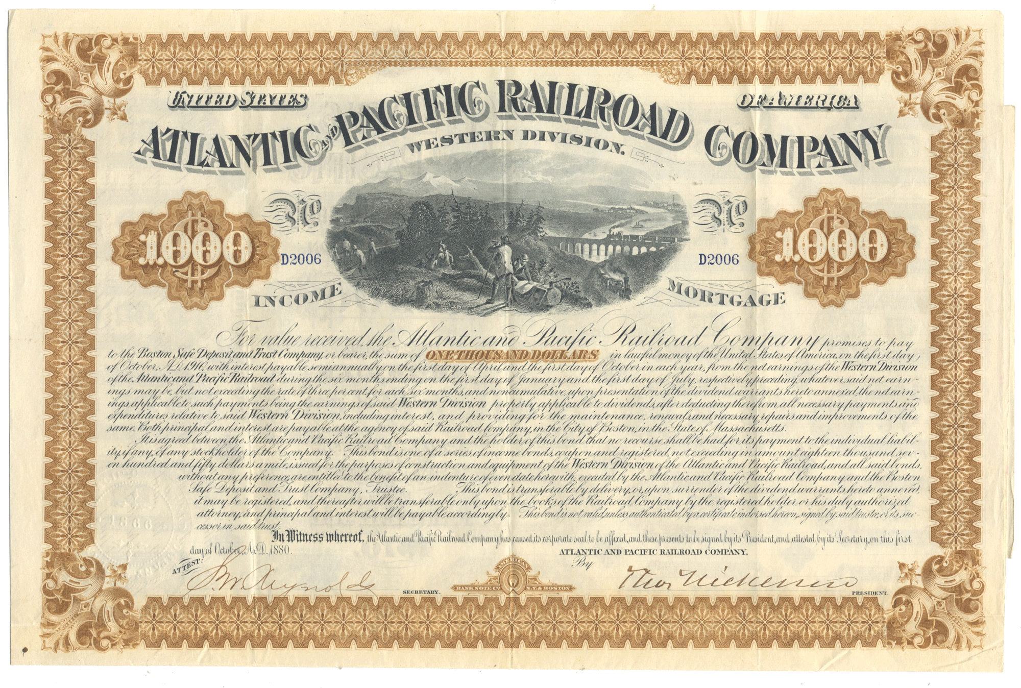 An antique bond certificate for the Atlantic Pacific Railroad Company (Western Division), dated 1880