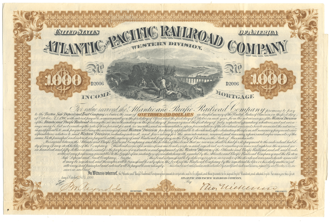 An antique bond certificate for the Atlantic Pacific Railroad Company (Western Division), dated 1880
