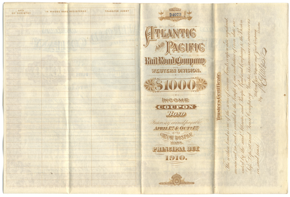 Atlantic and Pacific Railroad Company Bond Certificate