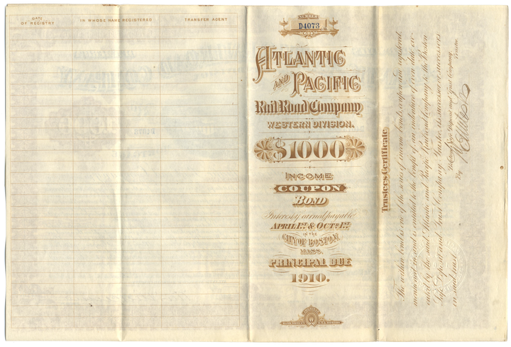 Atlantic and Pacific Railroad Company Bond Certificate