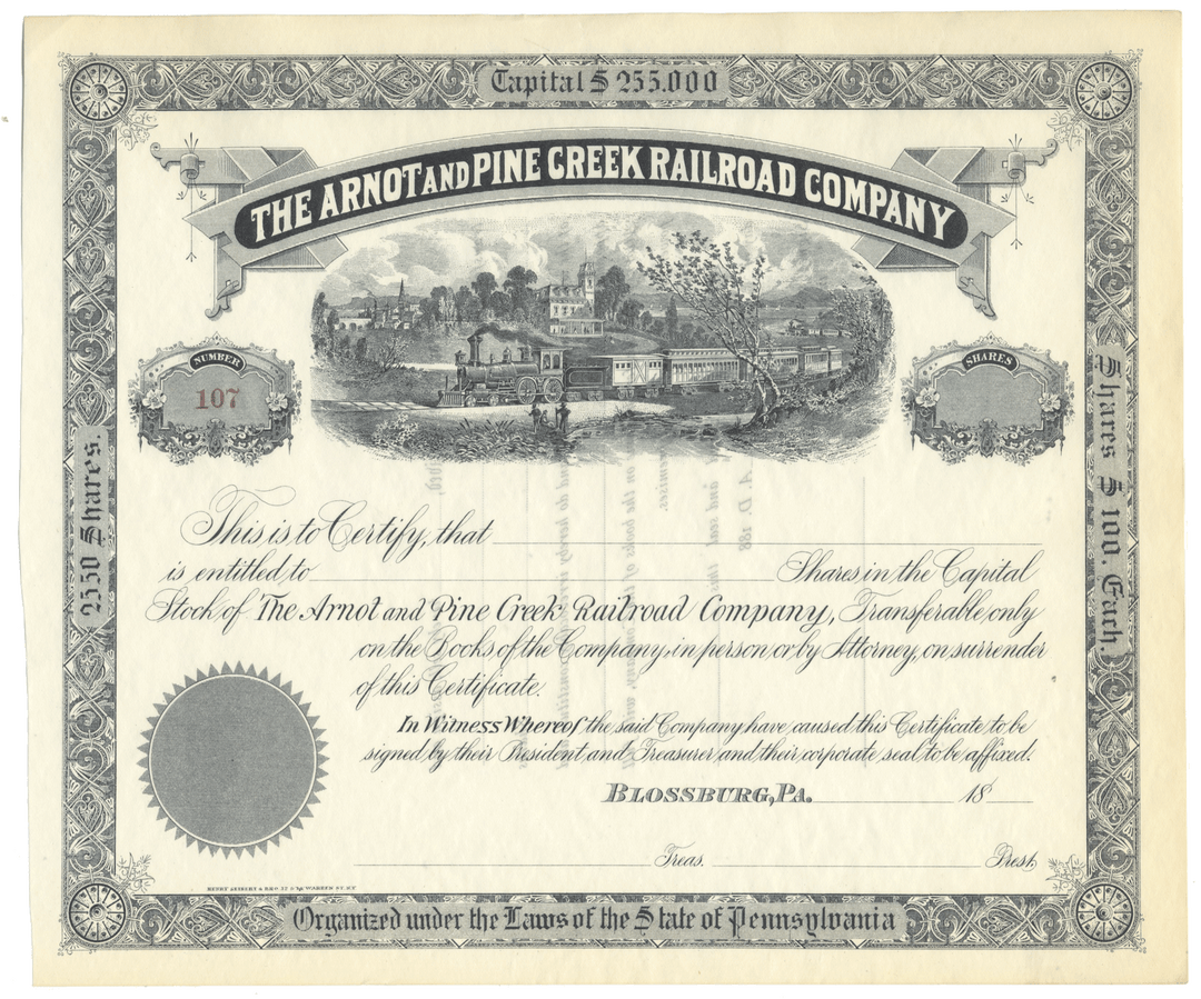 Arnot and Pine Creek Railroad Company Stock Certificate