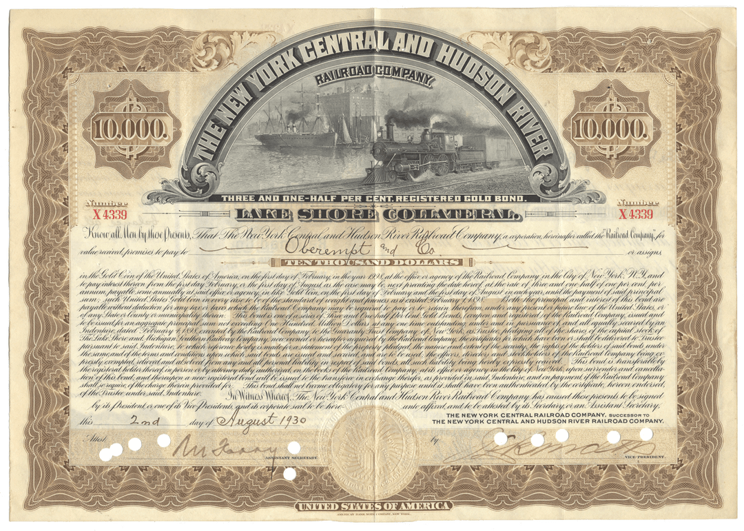 An antique bond certificate for the New York Central and Hudson River Railroad Company (Lake Shore Collateral) from 1930 with a central illustration of a steam locomotive.