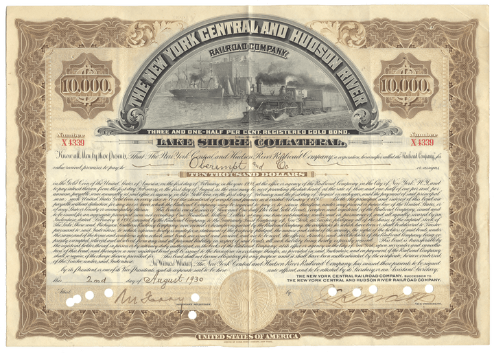 An antique bond certificate for the New York Central and Hudson River Railroad Company (Lake Shore Collateral) from 1930 with a central illustration of a steam locomotive.