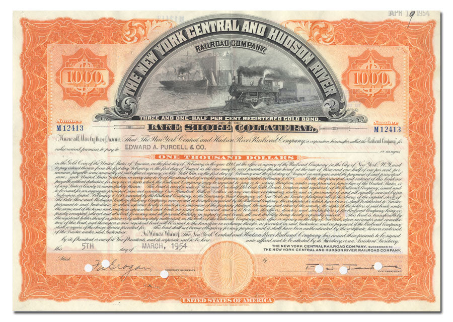 An antique bond certificate for the New York Central and Hudson River Railroad Company (Lake Shore Collateral) from 1954 with a central illustration of a steam locomotive.
