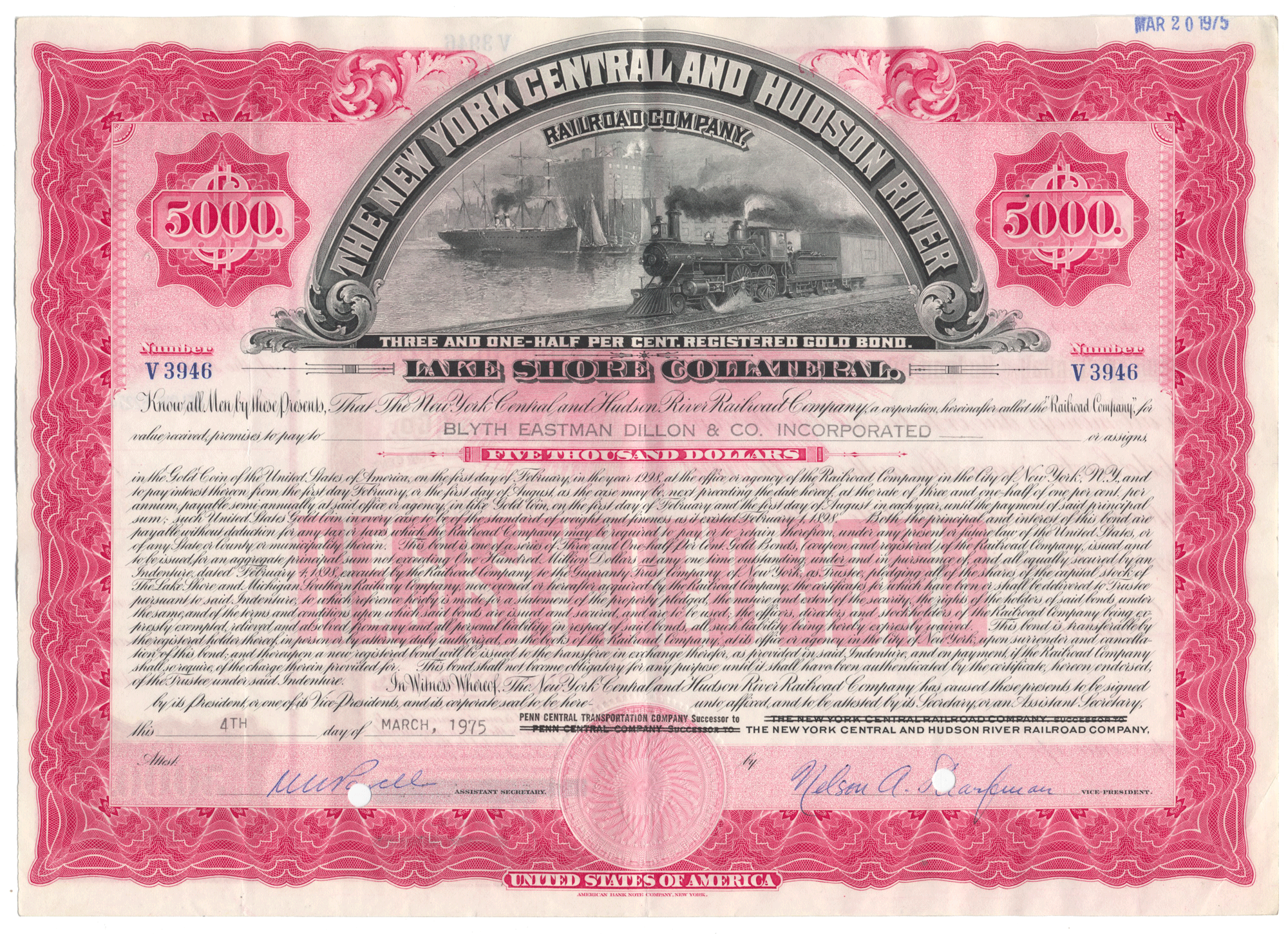 An antique bond certificate for the New York Central and Hudson River Railroad Company (Lake Shore Collateral) from 1975 with a central illustration of a steam locomotive.
