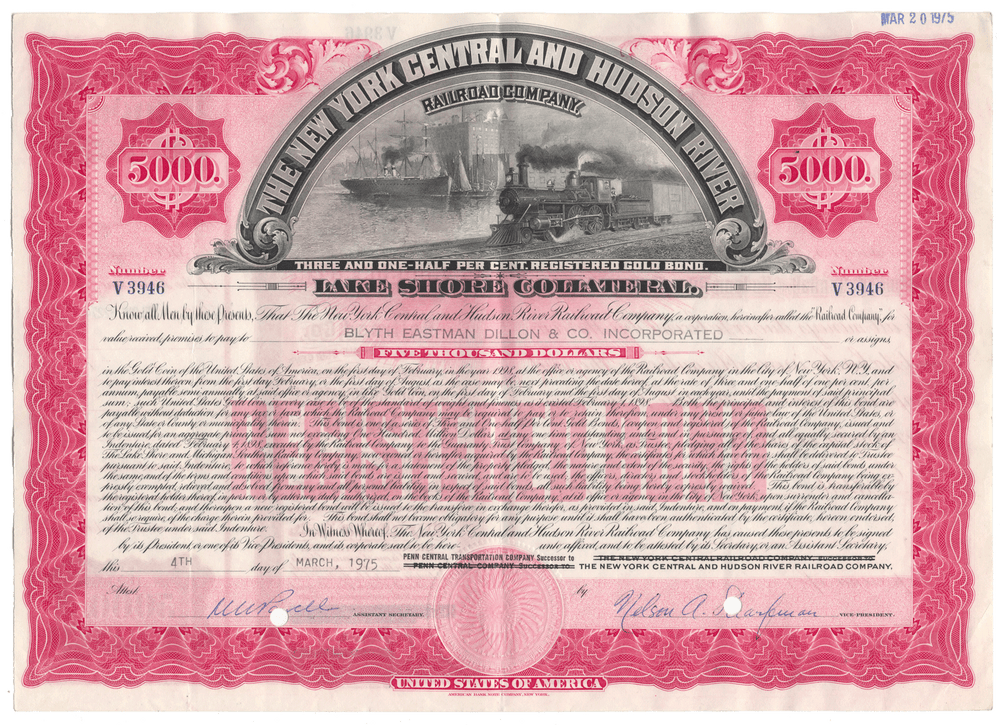 An antique bond certificate for the New York Central and Hudson River Railroad Company (Lake Shore Collateral) from 1975 with a central illustration of a steam locomotive.