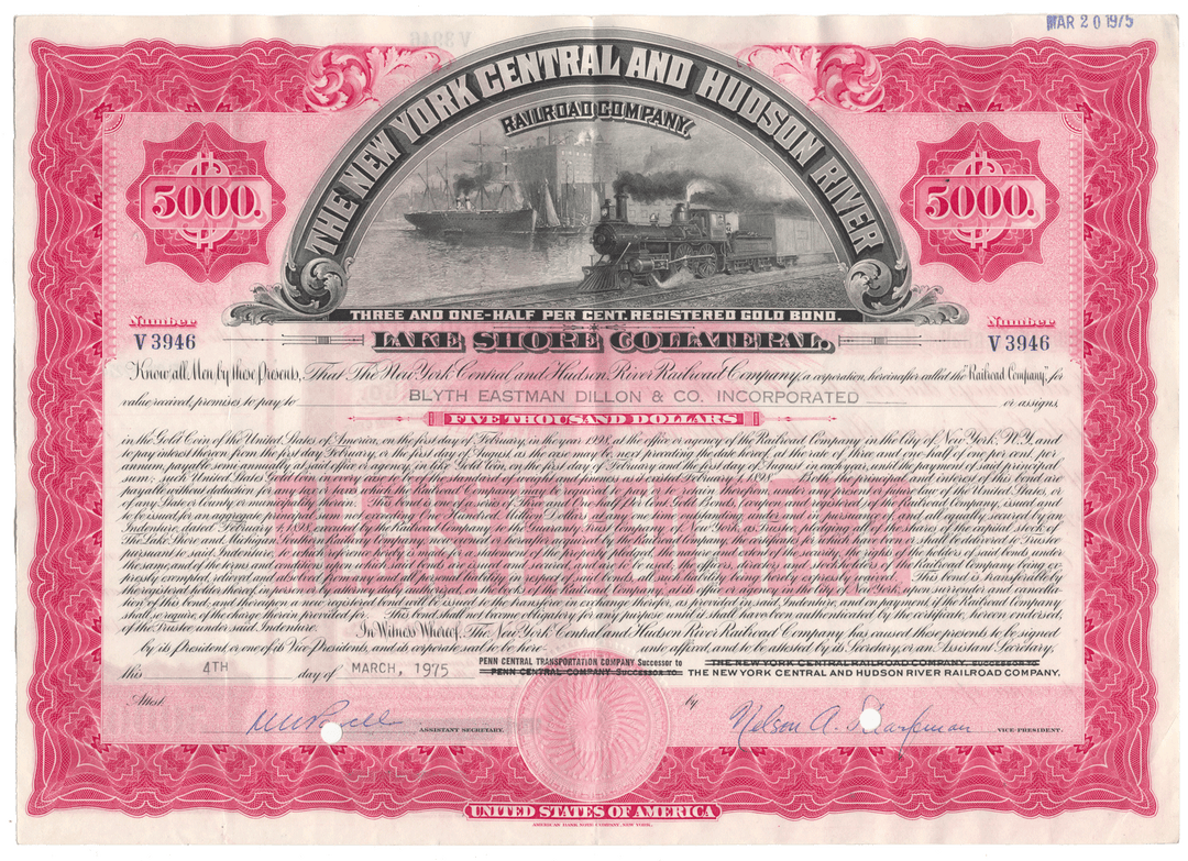 An antique bond certificate for the New York Central and Hudson River Railroad Company (Lake Shore Collateral) from 1975 with a central illustration of a steam locomotive.
