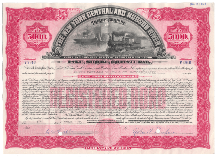 An antique bond certificate for the New York Central and Hudson River Railroad Company (Lake Shore Collateral) from 1975 with a central illustration of a steam locomotive.
