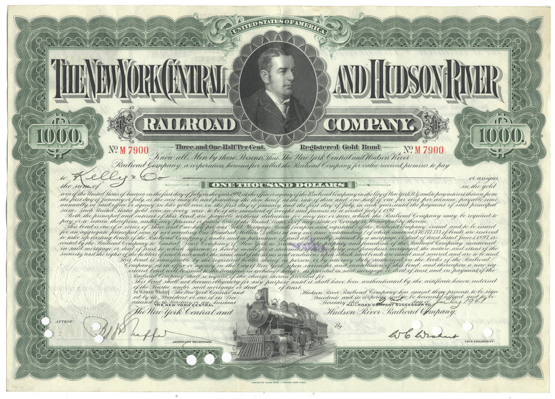 Vintage bond certificate of The New York Central and Hudson River Railroad Company with a steam locomotive illustration from 1941