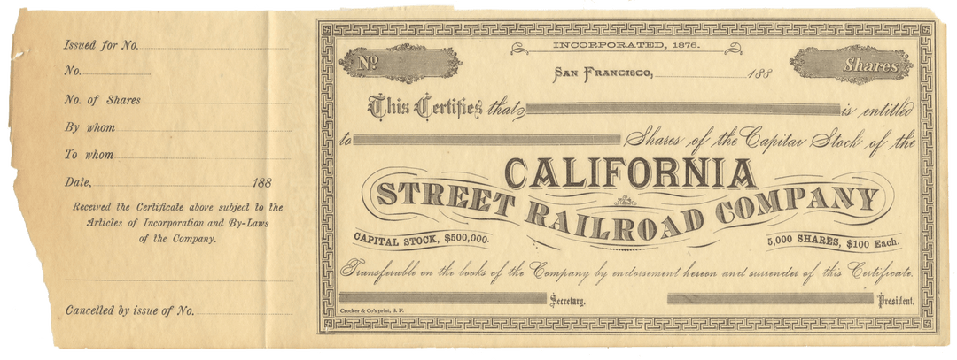 Vintage stock certificate of the California Street Railroad Company with text and decorative elements from the 1880's