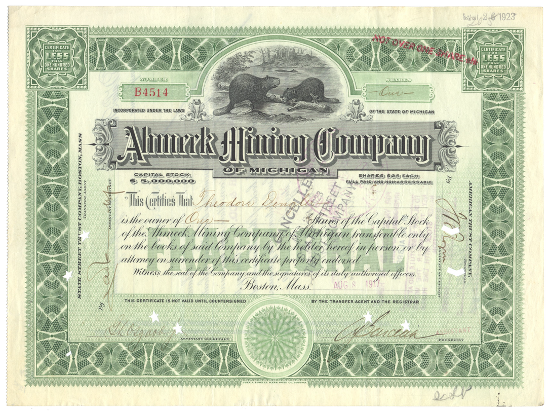 Ahmeek Mining Company of Michigan Stock Certificate