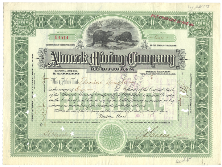 Ahmeek Mining Company of Michigan Stock Certificate